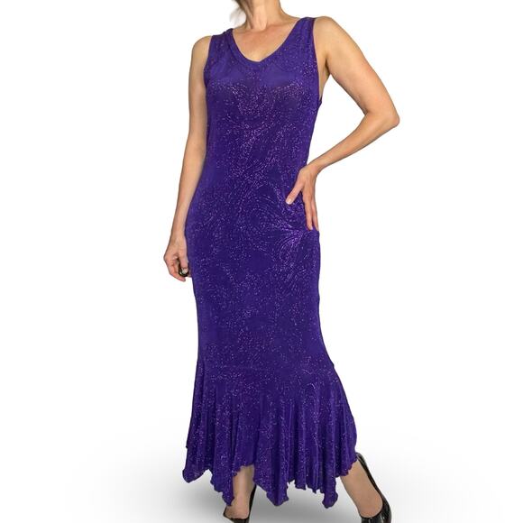 90s Vintage Purple Glitter Mermaid Gown Floor-Length Dress M - Picture 3 of 10